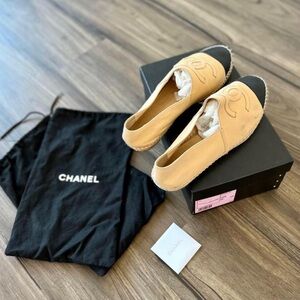 CHANEL Tan & Black CC Logo Canvas Espadrilles – 40, Authentic w/Box & Dust Bag